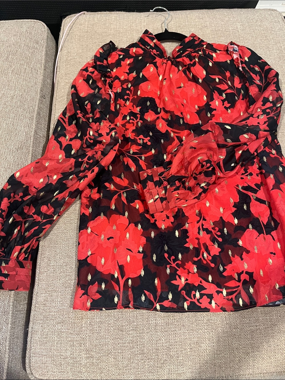 Pinch Black Blouse with Red Floral Print and Gold Accents